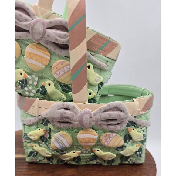 2 Vintage Mint Pink Painted Small Easter Basket Chicks Eggs Stripes Bow - Picture 2 of 12